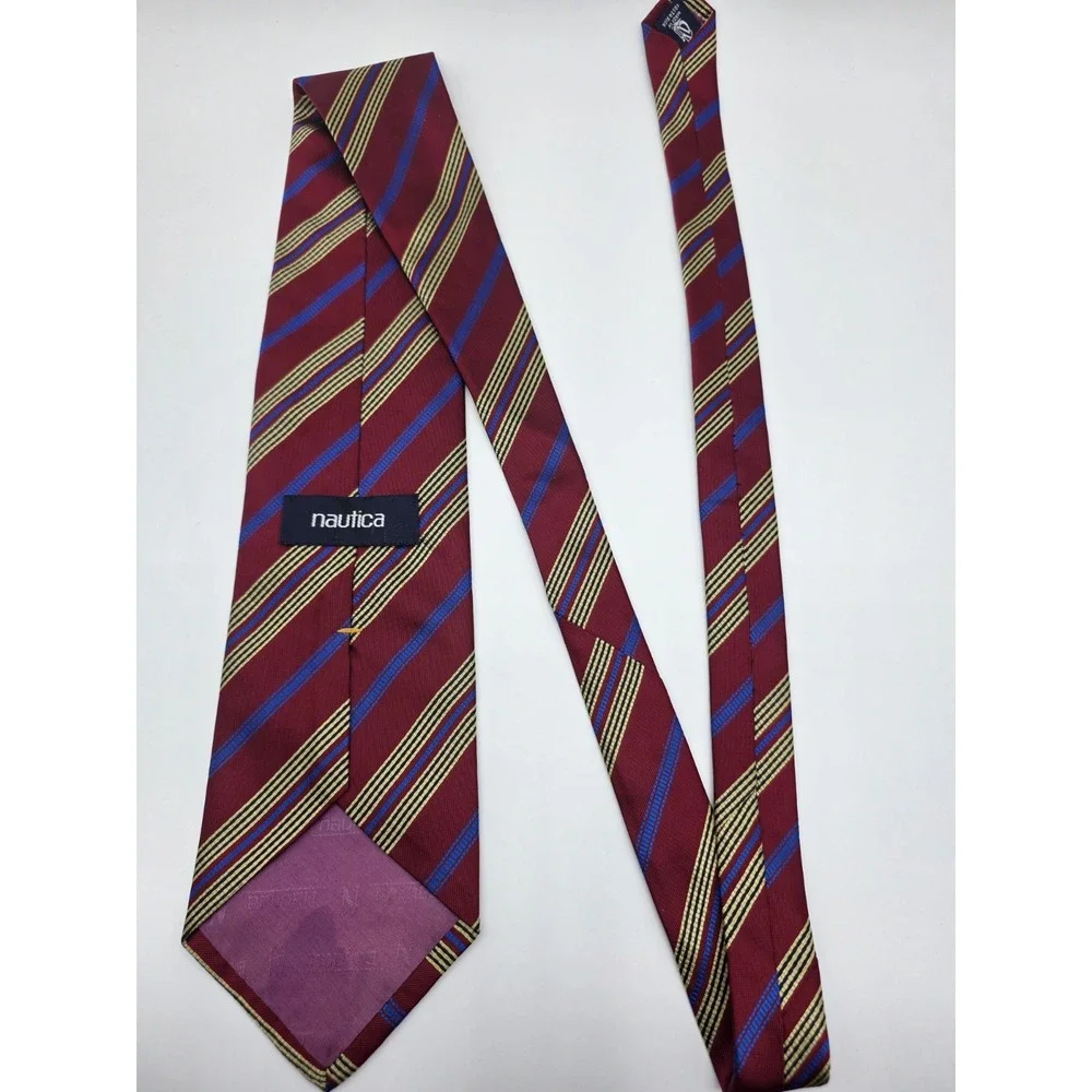 Vintage Nautica Tie Mens Crimson Blue Gold Black Silk Striped Necktie 55
